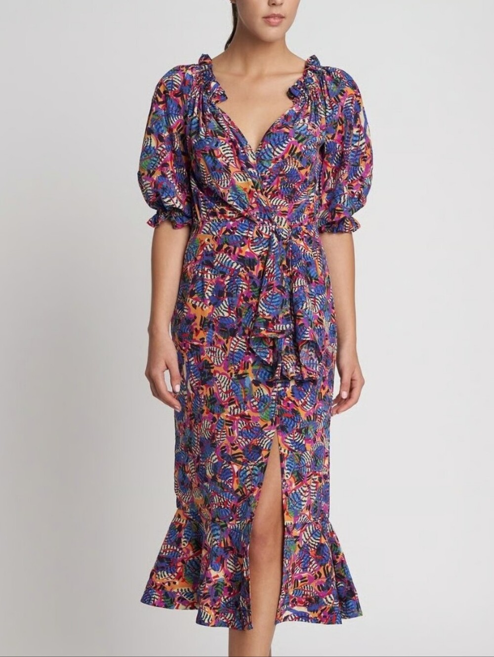 SALONI Multicolor Botanical Wrap Midi Dress